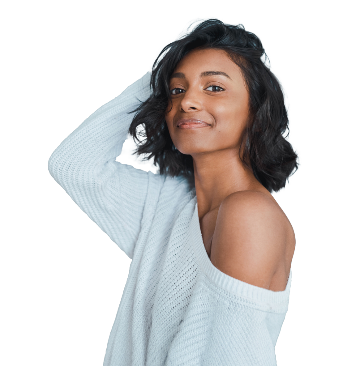 woman wearing light blue sweater - My Donor Connection south asian egg donor